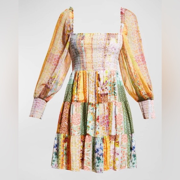 Alice + Olivia Rowen Puff Sleeve Tiered Skirt Tunic Chiffon Mini Dress - Picture 2 of 16